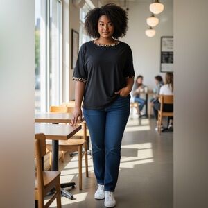 SHEIN Black Leopard Trim Short Sleeve Tee